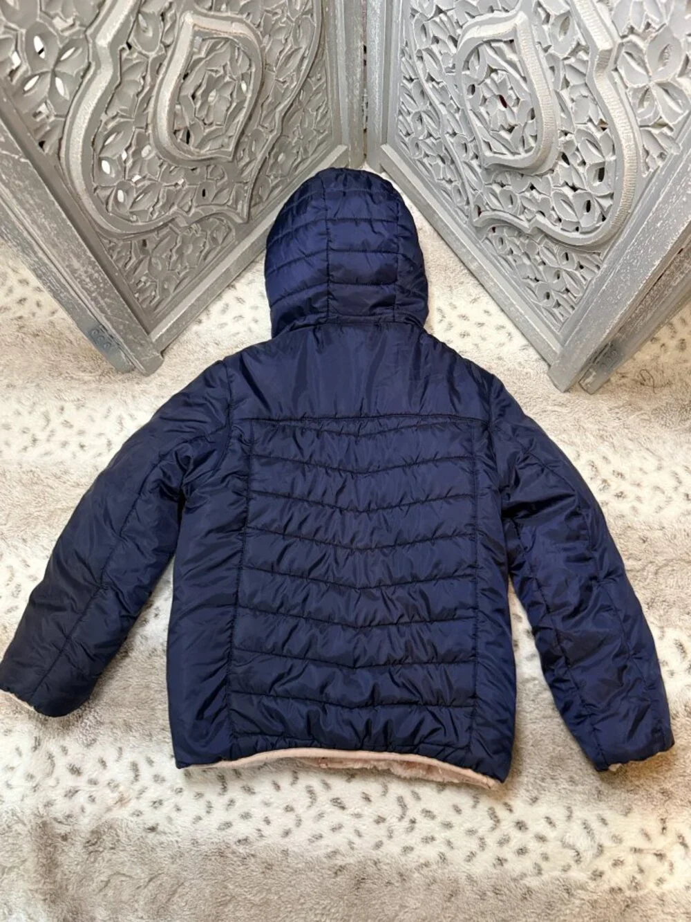 Eddie Bauer reversible puffer jacket girls medium pink faux fur school winter